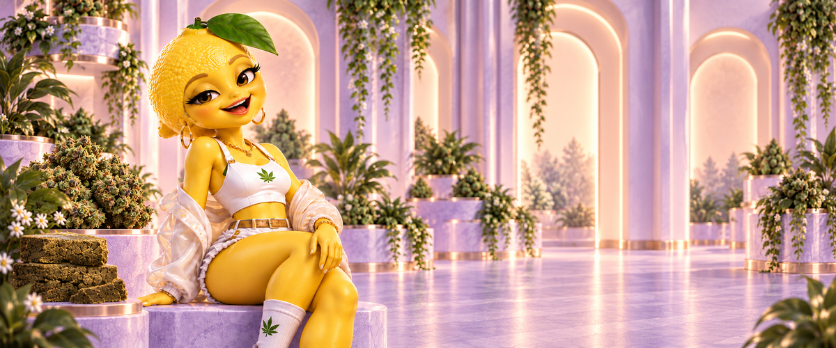 Mascotte citron CBX dans une galerie botanique lilas